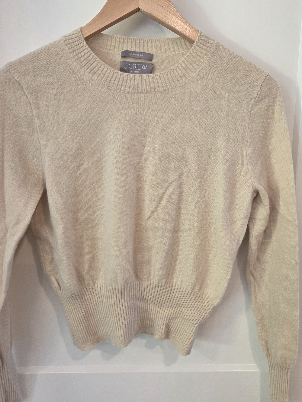 J.Crew 100% Cashmere Cropped Sweater Cream Long Sleeve Classic Quiet Luxury S